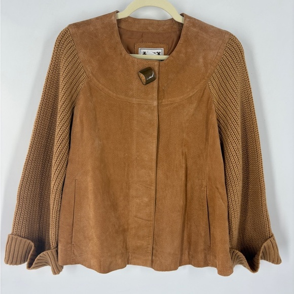AMI Womens Suede Leather Jacket Size M Brown Hidden Snaps Knit Sleeves - Picture 1 of 9